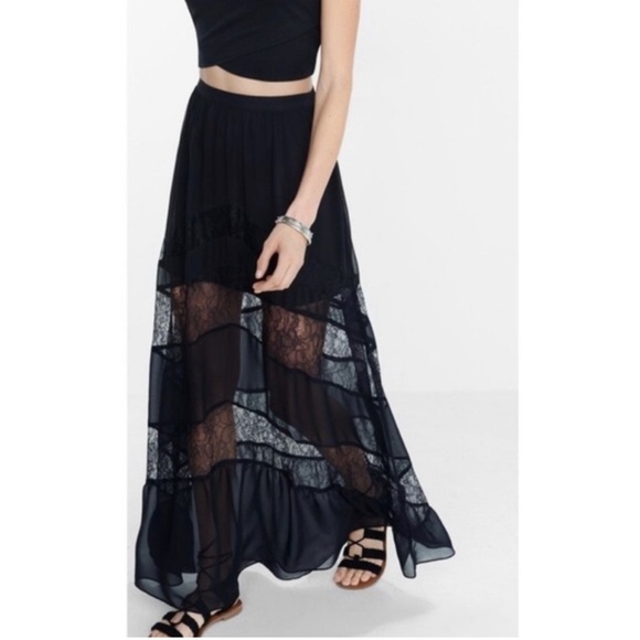 Express Black Lace Detail Sheer Maxi Skirt - Size 0 - Picture 1 of 5